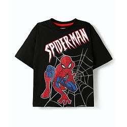 Pine Kids Marvel Single Jersey Knit Half Drop Shoulder Sleeves T-Shirt & Shorts Set With Spider-Man Graphics - Black