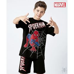 Pine Kids Marvel Single Jersey Knit Half Drop Shoulder Sleeves T-Shirt & Shorts Set With Spider-Man Graphics - Black
