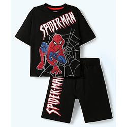 Pine Kids Marvel Single Jersey Knit Half Drop Shoulder Sleeves T-Shirt & Shorts Set With Spider-Man Graphics - Black