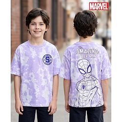 Pine Kids Marvel Single Jersey Knit Half Sleeves T-Shirt With Front & Back Spider-Man Graphics & Tie & Dye Detailing - Purple