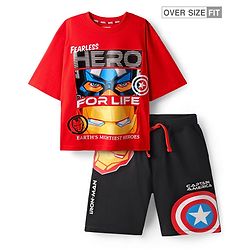 Pine Kids Marvel Single Jersey Knit Half Sleeves Drop Shoulder T-Shirt & Short Set With Avengers Graphics Red & Black