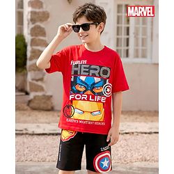 Pine Kids Marvel Single Jersey Knit Half Sleeves Drop Shoulder T-Shirt & Short Set With Avengers Graphics Red & Black