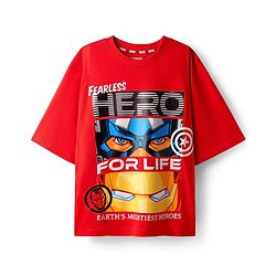 Pine Kids Marvel Single Jersey Knit Half Sleeves Drop Shoulder T-Shirt & Short Set With Avengers Graphics Red & Black