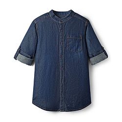Pine Kids Denim Woven Full Sleeves Mandarin Collar Washed Shirt - Navy Blue