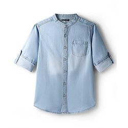 Pine Kids Denim Woven Full Sleeves Mandarin Collar Washed Shirt - Navy Blue