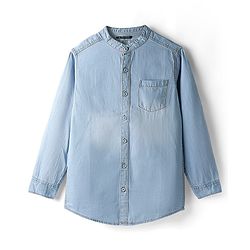 Pine Kids Denim Woven Full Sleeves Mandarin Collar Washed Shirt - Navy Blue