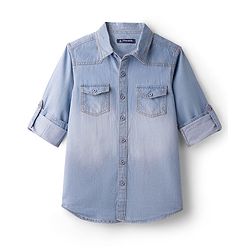 Pine Kids Denim Woven Full Sleeves Washed Shirt - Navy Blue
