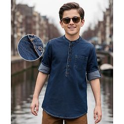 Pine Kids Woven Full Sleeves Washed Mandarin Collar Kurta Style Denim Shirt - Navy Blue