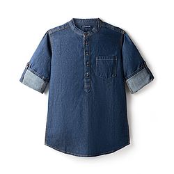 Pine Kids Woven Full Sleeves Washed Mandarin Collar Kurta Style Denim Shirt - Navy Blue