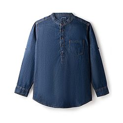 Pine Kids Woven Full Sleeves Washed Mandarin Collar Kurta Style Denim Shirt - Navy Blue