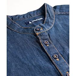 Pine Kids Woven Full Sleeves Washed Mandarin Collar Kurta Style Denim Shirt - Navy Blue