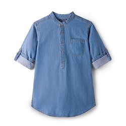 Pine Kids Woven Full Sleeves Washed Mandarin Collar Kurta Style Denim Shirt - Navy Blue
