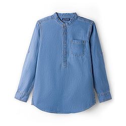 Pine Kids Woven Full Sleeves Washed Mandarin Collar Kurta Style Denim Shirt - Navy Blue