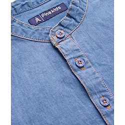 Pine Kids Woven Full Sleeves Washed Mandarin Collar Kurta Style Denim Shirt - Navy Blue