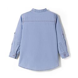 Pine Kids Woven Full Sleeves Washed Mandarin Collar Kurta Style Denim Shirt - Navy Blue
