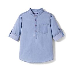 Pine Kids Woven Full Sleeves Washed Mandarin Collar Kurta Style Denim Shirt - Navy Blue