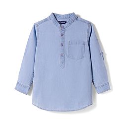Pine Kids Woven Full Sleeves Washed Mandarin Collar Kurta Style Denim Shirt - Navy Blue