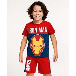 Pine Kids Marvel Single Jersey Knit Half Sleeves T-Shirt & Cut & Sew Short With Avengers Graphics - Red