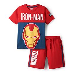 Pine Kids Marvel Single Jersey Knit Half Sleeves T-Shirt & Cut & Sew Short With Avengers Graphics - Red