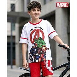 Pine Kids Marvel Single Jersey Knit Half Drop Shoulder Sleeves T-Shirt & Cut & Sew Shorts Set With Avengers Graphics - White & Red