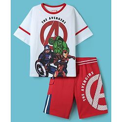 Pine Kids Marvel Single Jersey Knit Half Drop Shoulder Sleeves T-Shirt & Cut & Sew Shorts Set With Avengers Graphics - White & Red