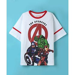 Pine Kids Marvel Single Jersey Knit Half Drop Shoulder Sleeves T-Shirt & Cut & Sew Shorts Set With Avengers Graphics - White & Red