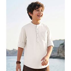 Pine Kids Cotton Woven Full Sleeves Mandarin Collar Solid Kurta Style Shirt - White