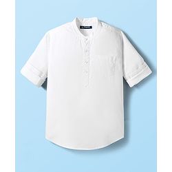 Pine Kids Cotton Woven Full Sleeves Mandarin Collar Solid Kurta Style Shirt - White