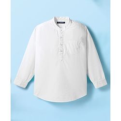 Pine Kids Cotton Woven Full Sleeves Mandarin Collar Solid Kurta Style Shirt - White