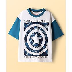 Pine Kids Marvel Single Jersey Knit Half Sleeves Drop Shoulder T-Shirt & Shorts Set with Avengers Graphics & Camouflage Detailing - Blue & White