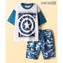 Pine Kids Marvel Single Jersey Knit Half Sleeves Drop Shoulder T-Shirt & Shorts Set with Avengers Graphics & Camouflage Detailing - Blue & White