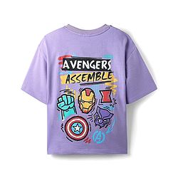 Pine Kids Marvel Terry Knit Oversized Half Sleeves Drop Shoulder T-Shirt With Front And Back Avenger Graphics - Purple