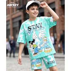 Pine Kids Disney Single Jersey Knit Half Drop Shoulder Sleeves Oversized T-Shirt & Shorts Set With Mickey Mouse & Family Graphics & Tie & Dye Print - Aqua Blue