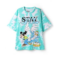 Pine Kids Disney Single Jersey Knit Half Drop Shoulder Sleeves Oversized T-Shirt & Shorts Set With Mickey Mouse & Family Graphics & Tie & Dye Print - Aqua Blue