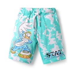 Pine Kids Disney Single Jersey Knit Half Drop Shoulder Sleeves Oversized T-Shirt & Shorts Set With Mickey Mouse & Family Graphics & Tie & Dye Print - Aqua Blue