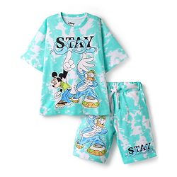 Pine Kids Disney Single Jersey Knit Half Drop Shoulder Sleeves Oversized T-Shirt & Shorts Set With Mickey Mouse & Family Graphics & Tie & Dye Print - Aqua Blue