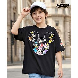 Pine Kids Disney Single Jersey Knit Half Drop Shoulder Sleeves T-Shirt With Mickey Mouse & Family Graphics - Black