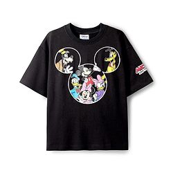 Pine Kids Disney Single Jersey Knit Half Drop Shoulder Sleeves T-Shirt With Mickey Mouse & Family Graphics - Black
