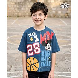 Pine Kids Disney Single Jersey Knit Half Drop Shoulder Sleeves Oversized T-Shirt With Mickey Mouse & Family Graphics - Blue