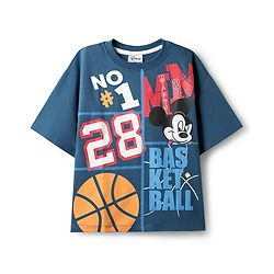 Pine Kids Disney Single Jersey Knit Half Drop Shoulder Sleeves Oversized T-Shirt With Mickey Mouse & Family Graphics - Blue