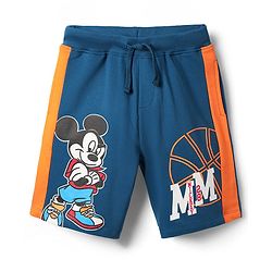 Pine Kids Disney Terry Knit Knee Length Shorts with Cut & Sew Design & Mickey Mouse Print - Navy Blue & Orange