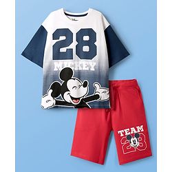 Pine Kids Disney Single Jersey Knit Half Drop Shoulder Sleeves T-Shirt & Shorts Set With Mickey Mouse & Family Graphics - White & Red