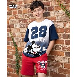 Pine Kids Disney Single Jersey Knit Half Drop Shoulder Sleeves T-Shirt & Shorts Set With Mickey Mouse & Family Graphics - White & Red