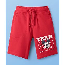 Pine Kids Disney Single Jersey Knit Half Drop Shoulder Sleeves T-Shirt & Shorts Set With Mickey Mouse & Family Graphics - White & Red