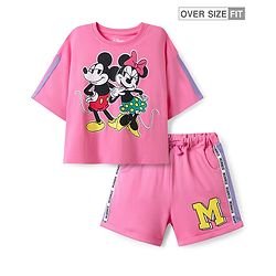 Pine Kids Disney Single Jersey Knit Half Drop Shoulder Sleeves Oversized T-Shirt & Cut & Sew Shorts Set With Minnie Mouse & Family Graphics - Pink