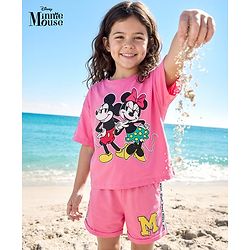 Pine Kids Disney Single Jersey Knit Half Drop Shoulder Sleeves Oversized T-Shirt & Cut & Sew Shorts Set With Minnie Mouse & Family Graphics - Pink