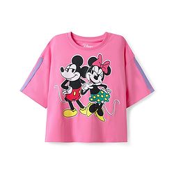 Pine Kids Disney Single Jersey Knit Half Drop Shoulder Sleeves Oversized T-Shirt & Cut & Sew Shorts Set With Minnie Mouse & Family Graphics - Pink