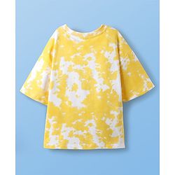 Pine Kids Disney Terry Knit Half Sleeves Drop Shoulder Sleeves Oversized T-Shirt with Minnie Mouse & Family Graphics - Yellow
