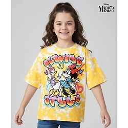 Pine Kids Disney Terry Knit Half Sleeves Drop Shoulder Sleeves Oversized T-Shirt with Minnie Mouse & Family Graphics - Yellow