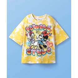 Pine Kids Disney Terry Knit Half Sleeves Drop Shoulder Sleeves Oversized T-Shirt with Minnie Mouse & Family Graphics - Yellow